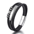 Bracciale multistrato in pelle nera intrecciata con piastra in metallo e chiusura - Nero