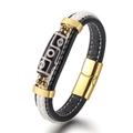 Handwoven leather bracelet with black-white Dzi bead and golden magnetic clasp - White