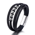 Mehrlagiges schwarzes geflochtenes PU-Lederarmband für Herren mit Silberperlen und Magnetverschluss - Schwarz