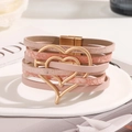 Multilayer pink leather wrap bracelet with a golden heart charm and magnetic clasp - Pink Heart