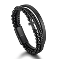 Bracciale multistrato da uomo in pelle con perline nere e ciondolo a croce in zircone - Ossidiana