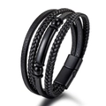 Bracciale multistrato in pelle intrecciata nera da uomo con chiusura magnetica e perline - Nero