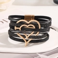 Multilayer black PU leather wrap bracelet with golden heart magnetic buckle - Heart Black