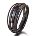 Bracciale multistrato in pelle marrone da uomo con motivo vintage e chiusura magnetica - Monogramma Vintage