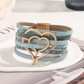 Light blue multi-layer leather bracelet with gold double heart magnetic buckle - Lake Blue Heart