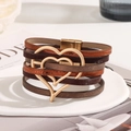 Multilayer leather wrap bracelet with golden double heart magnetic clasp and charms - Brown Heart