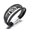 Mehrlagiges Herren-Lederarmband mit silbernem Steuerrad-Anhänger und Magnetverschluss - Schiffsteuer Stil (ZGMA25027)