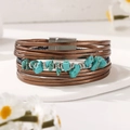 Bohemian multi-layer leather bracelet with turquoise stones and magnetic clasp - Brown