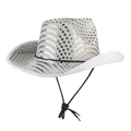 Detail of white western cowboy hat with sparkling silver sequins and adjustable chin strap - 55-60cm / White