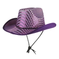 Nahaufnahme des lila Pailletten-Cowboyhuts mit verstellbarem Kinnriemen für Bühnenshows - 55-60cm / Lila