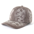 Vintage gewassen bruine canvas baseballpet met letteropdruk en witte stiksels erop - Volwassene / Khaki