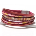 Bohemian multi-layer red leather bracelet with cross charms and magnetic clasp - Red