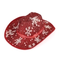 Red sequin western cowboy hat with white snowflake patterns and Merry Christmas ribbon - Adult / Red Sequin White Snowflake Style (MZ-2157-7)