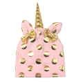 Detailed macro view of pink baby knit hat with gold unicorn horn and polka dots - 1-6 Years / Pink