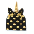 Unicorn themed kids knit hat in black with gold polka dots and decorative bows - 1-6 Years / Black