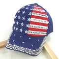 Denim baseball cap with USA flag pattern featuring sparkling rhinestones and metal studs - Cyan