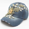 Cappellino in denim da donna con ricamo floreale dorato e dettagli in strass - Regolabile / Blu Medio
