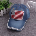 Detail of American flag rhinestone pattern on blue washed denim baseball cap - One Size / Medium Denim