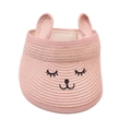 Detailed view of pink straw sun visor for kids featuring 3D rabbit ears and cat embroidery - One Size / Pink