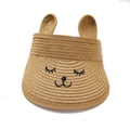 Kids straw sun visor with cute cat embroidery and 3D rabbit ears in khaki color - One Size / Khaki