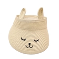 Kids summer sun straw top hat with cute cat ears and face embroidery in natural beige - One Size / Beige