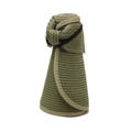 Detail of rollable straw sun hat with green weave, beige trim and elastic cord - One Size / Bean Green