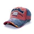 Vintage distressed baseball cap in red and blue denim with Rock Shark embroidery - One Size / Burgundy