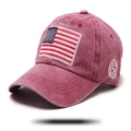 Detail of washed red cotton baseball cap with American flag and USA embroidery - Adjustable / Wine Red