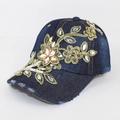 Women's dark blue denim baseball cap with gold flower embroidery and pink rhinestones - Adjustable / Dark Denim