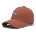 Brown cotton baseball cap with blue shark embroidery and HaHa text in a side view - Rust