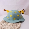 Detail of 3D giraffe ears and horns on a light blue polka dot baby sun hat - 42-48CM / Bean Green