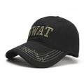 Black cotton baseball cap with SWAT 3D embroidery and camo stitching on the brim - One Size / Black