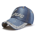 Blue denim baseball cap with rhinestone Love lettering and distressed vintage finish - One Size / Medium Denim