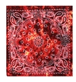 Detail view of 100% cotton square bandana with red tie-dye and white paisley pattern - Burgundy
