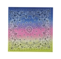 Flat lay of 100% cotton square bandana featuring a colorful paisley gradient design - Blue Purple Green Gradient