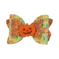 Detail showing layered Halloween hair bow with orange sequins and felt pumpkin motif - Pumpkin Head Bow (25762H)