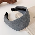 Dettaglio del cerchietto in maglia grigio scuro con texture a coste verticali e fodera morbida - Grigio