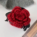 Detail of red knitted rose on large black hair claw clip with vintage gold emblem - Red Rose Flower Claw Clip (26070B)