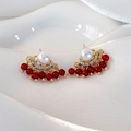 Elegant fan-shaped gold pearl earrings with red beads and sparkling tassels for women - Red Bead Tassel Pearl Style