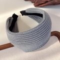 Close-up of grey ribbed knitted wide headband showing detailed wool texture and craftsmanship - Gray (26139B)