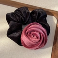Detail of elegant black velvet scrunchie with large dusty pink 3D rose flower decoration - Deep Pink Rose Style (26274C) / Pink