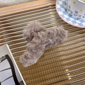 Close-up of a large coffee-colored plush shark hair claw clip on a stylish glass surface - Linen Grey