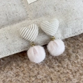 Detail of heart corduroy earrings with soft pink faux fur poms for winter fashion - Fabric Heart (12734)