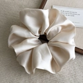 Macro detail of glossy champagne satin scrunchie with smooth silk texture and soft shadows - Beige