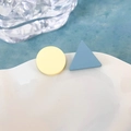 Macro view of matte geometric stud earrings with yellow circle and blue triangle - Minimalist Asymmetric Geometric Yellow Round Blue Triangle (4# 14264)