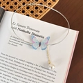 Detail of butterfly pearl choker featuring iridescent wings and elegant gold chain tassel - Blue Butterfly