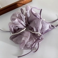 Detail view of purple silk organza hair scrunchie with pearls and ribbons for hair styling - Purple Style (25607A)