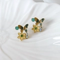 Retro butterfly and flower enamel drop glaze earrings in gold with green gemstone accents - Yellow Flower (25646A) / Yellow