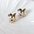 Retro butterfly and flower stud earrings with colorful crystals and enamel finish - Pink Flower (25646B) / Pink