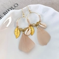 Bohemian long feather tassel earrings with golden rings and shell pendants on a white plate - Apricot Style (25711A)